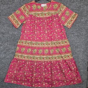Vermont Country Store Dress Large Pink Floral Short Sleeve Tiered Cottagecore‎